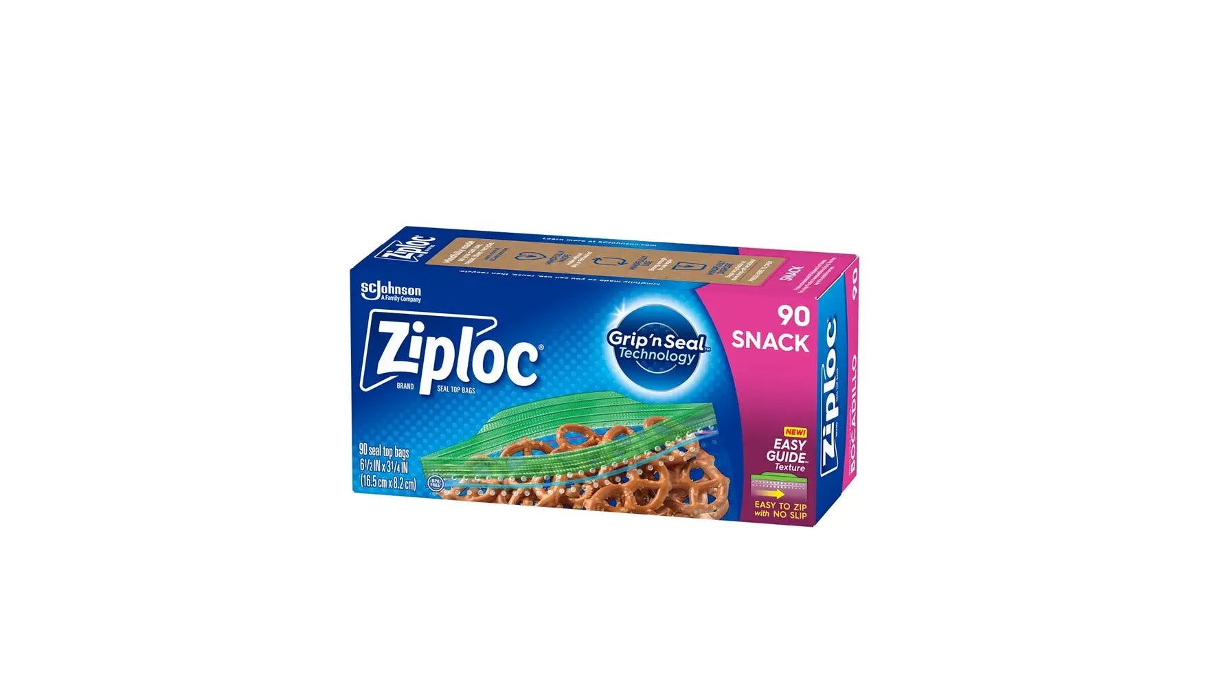 Front of Ziploc snack bag box.