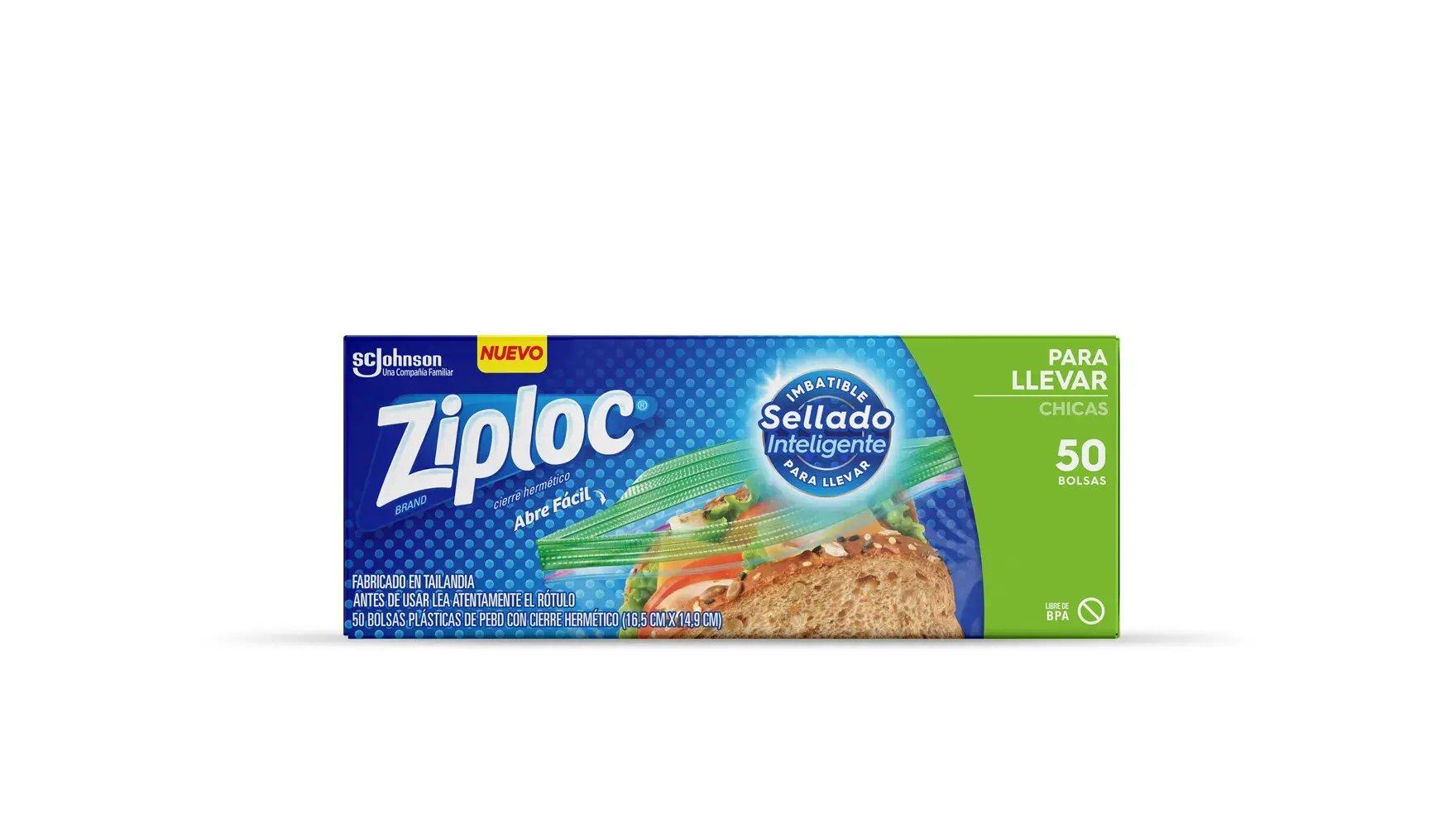 Frente de la bolsa Ziploc para sándwich.