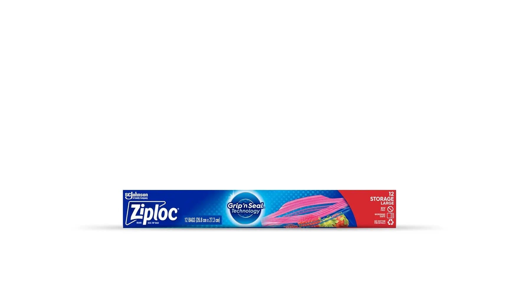 Front of Ziploc large storage bags box.