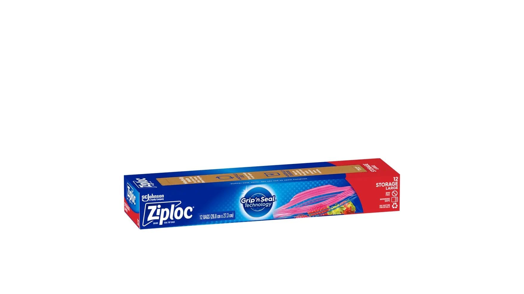 Angle of Ziploc large storage bags box.