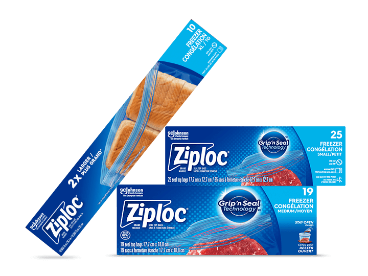 Three Ziploc freezer bag boxes