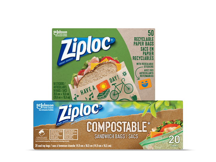 Box of Ziploc recyclable paper bags and box of Ziploc compostable sandwich bags