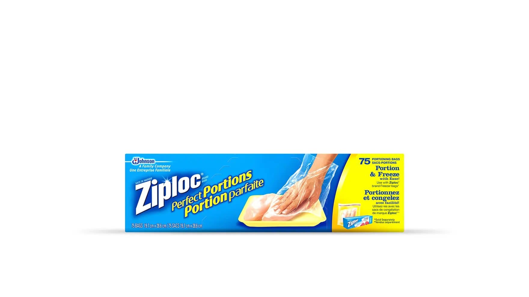 Front of Ziploc perfect portions freezer bags box.