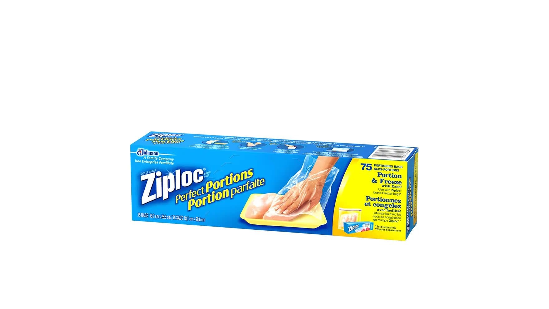 Angle of Ziploc perfect portions freezer bags box.