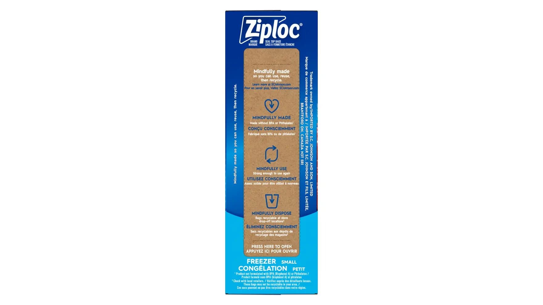 Top of Ziploc small freezer bags box