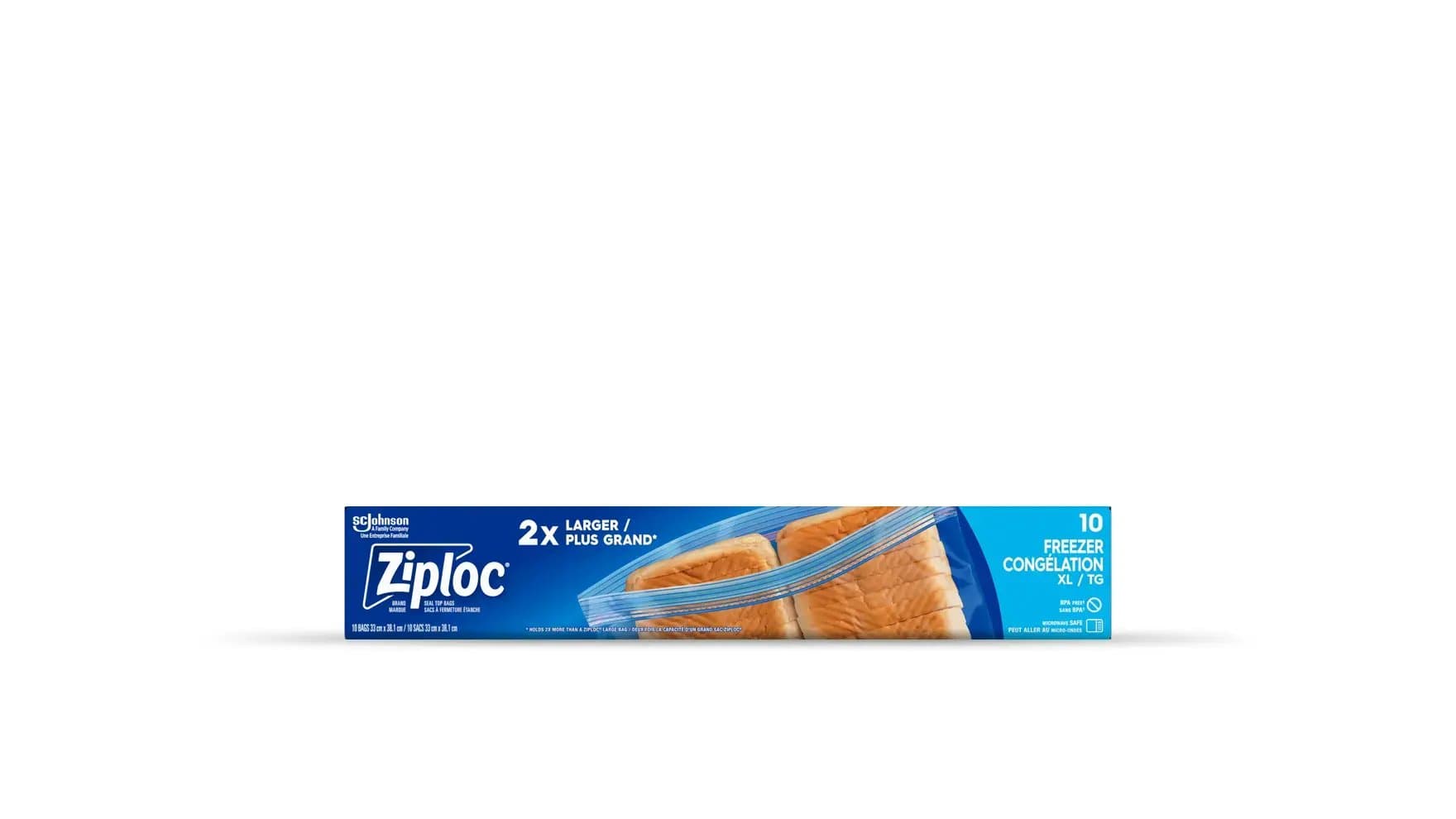 Front of Ziploc two gallon freezer bags box