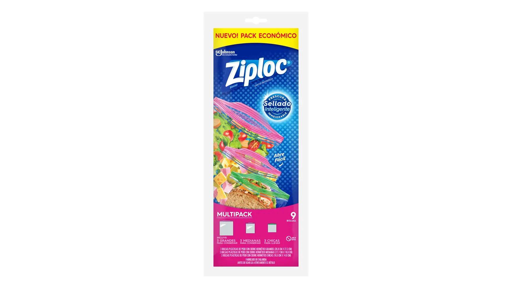 Ángulo de la bolsa Ziploc multipack.