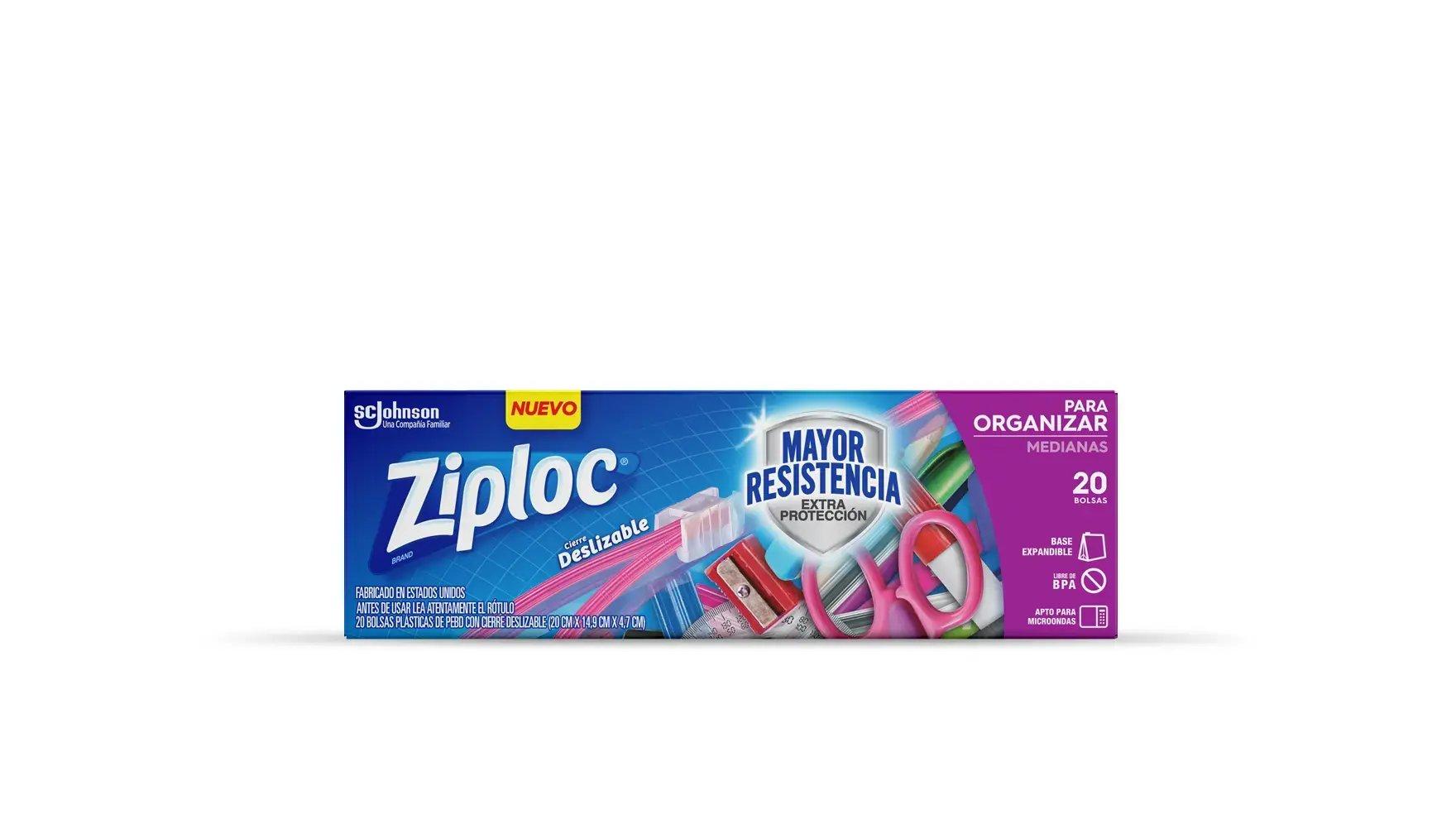 Frente de la bolsa Ziploc para conservar mediana de un litro con cierre deslizable.