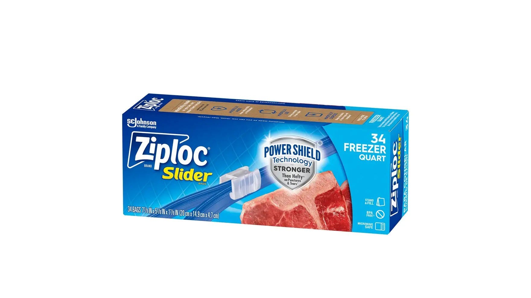Front of Ziploc medium quart freezer slider bag box.