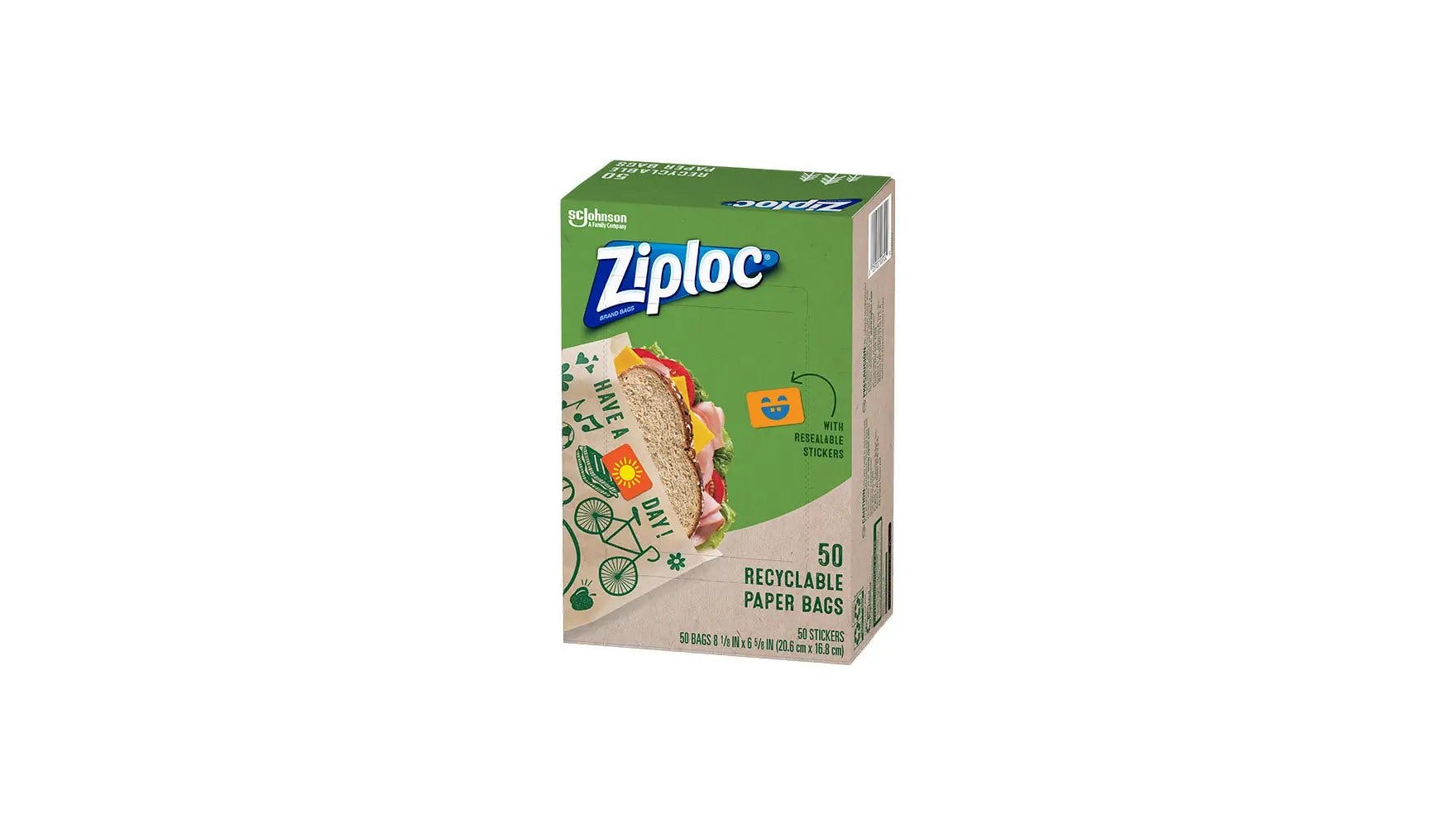 Front of Ziploc specialty paper bags box.