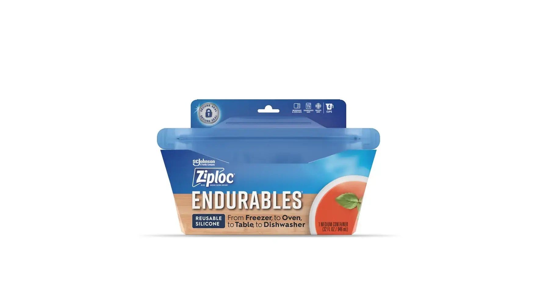 Front of Ziploc Endurables medium container packaging.