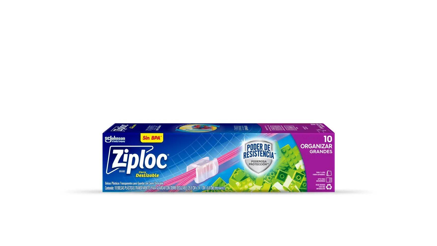 Frente de la bolsa Ziploc para conservar grande de cuatro litros con cierre deslizable.