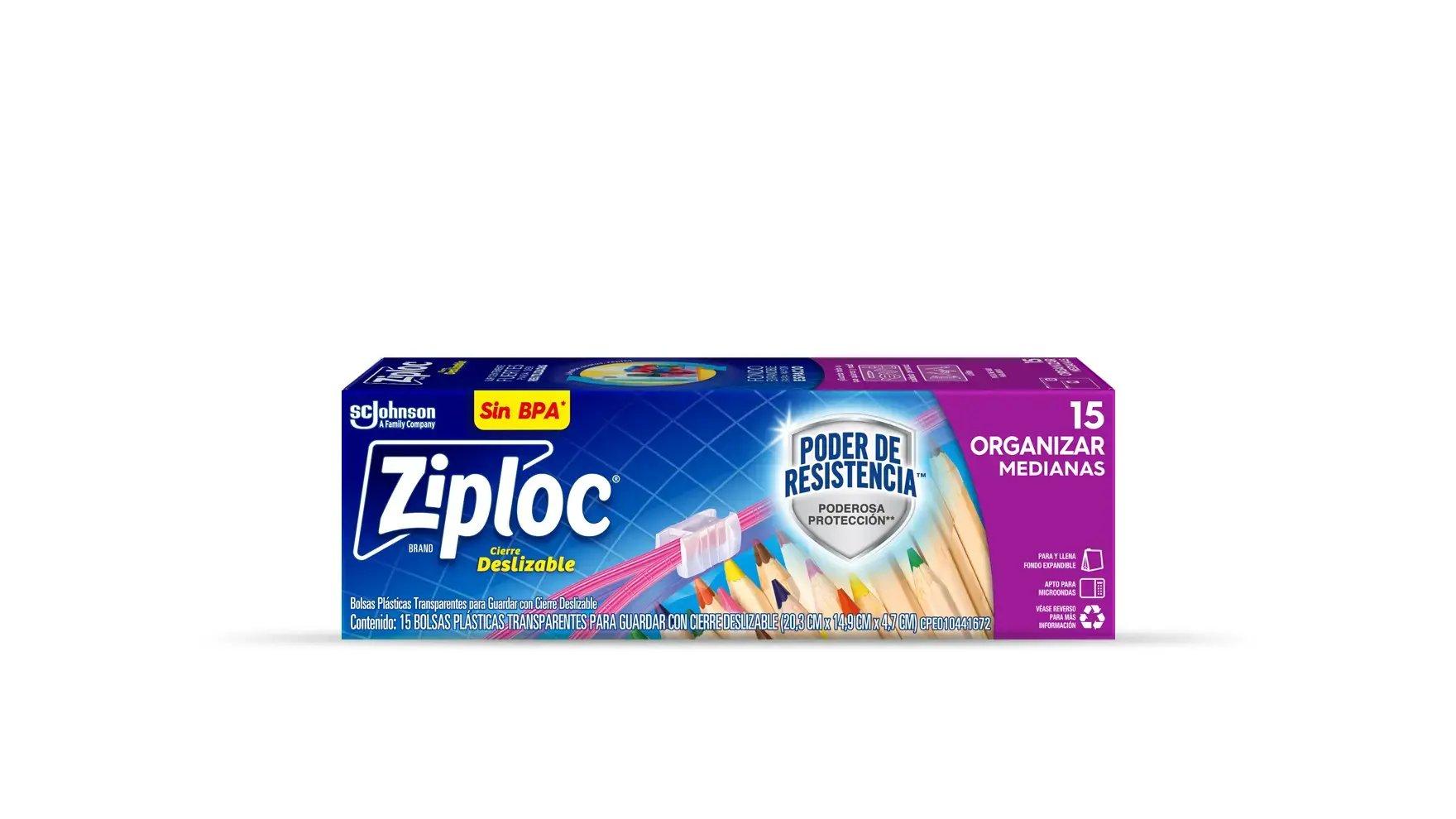 Frente de la bolsa Ziploc para conservar mediana de un litro con cierre deslizable.