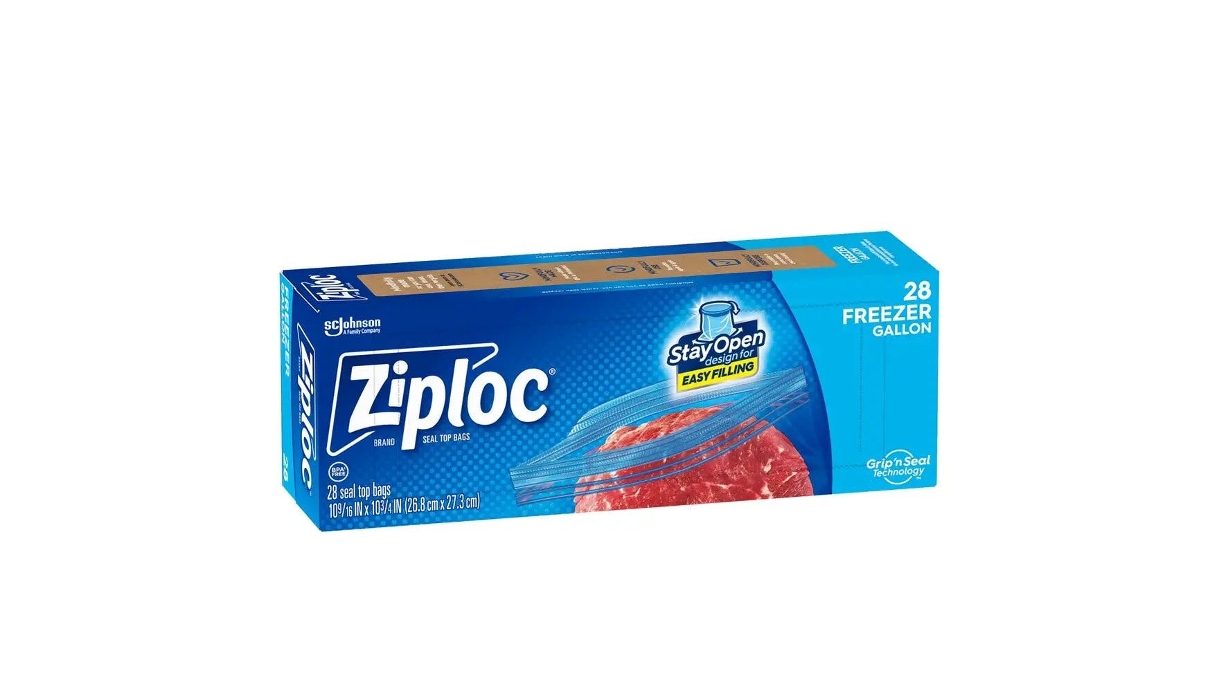 Front of Ziploc large one gallon freezer bag box.