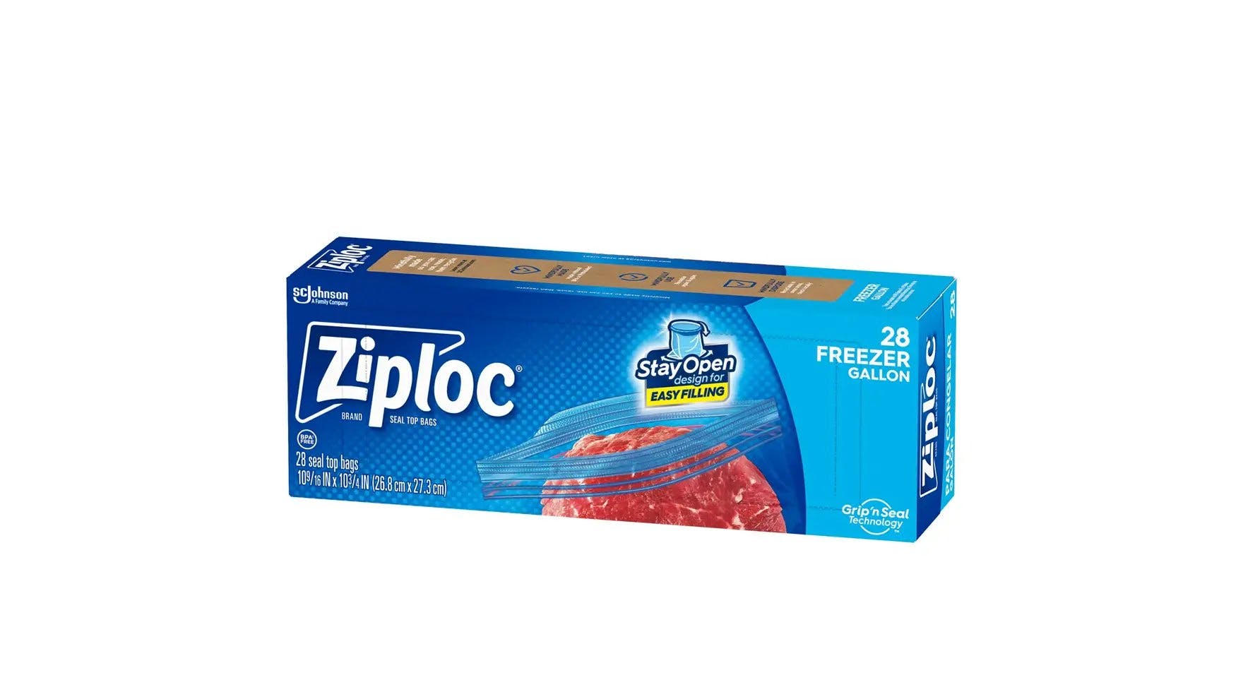 Front of Ziploc large one gallon freezer bag box.