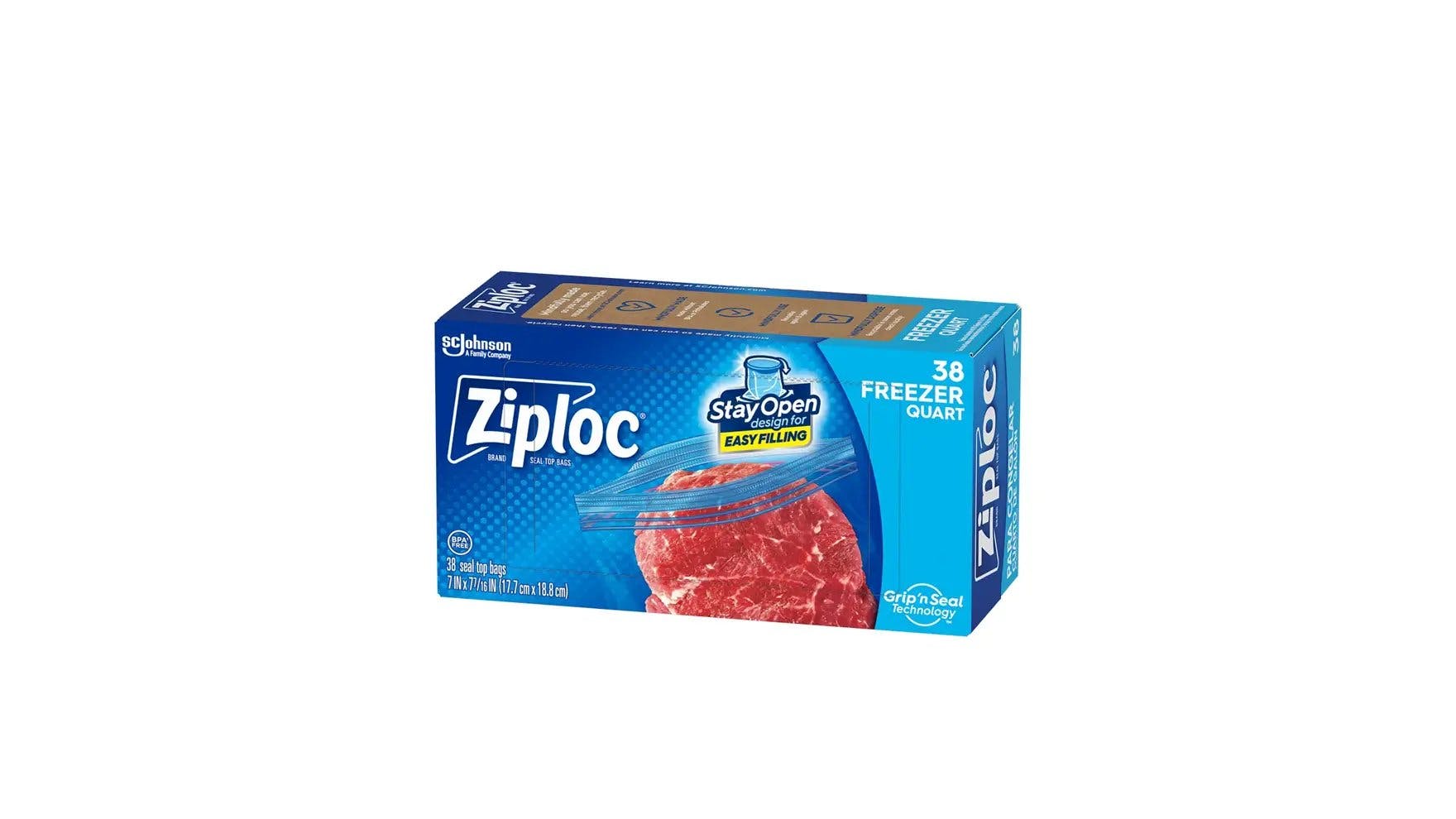 Front of Ziploc medium quart sized freezer bag box.