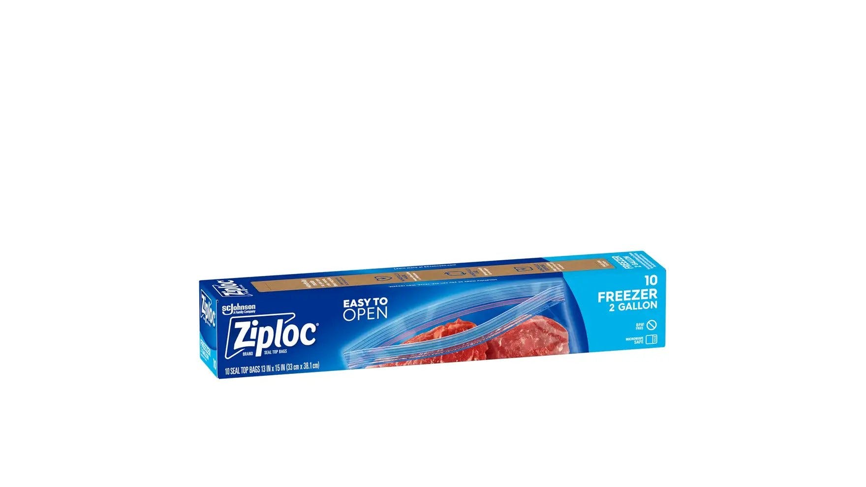 Front of Ziploc two gallon freezer bag box.