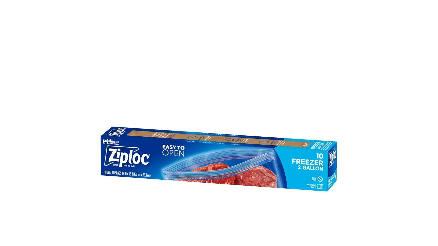 Front of Ziploc two gallon freezer bag box.