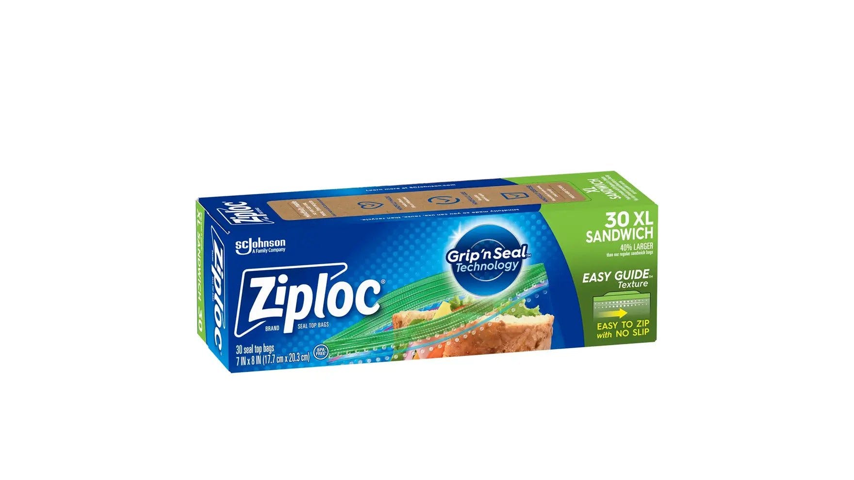 Front of Ziploc XL sandwich bag box.