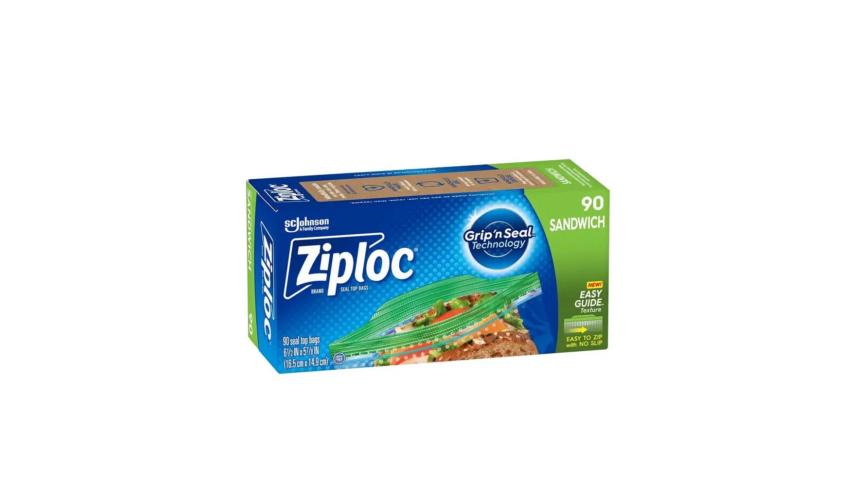 Parte delantera de la caja de bolsas para sándwich Ziploc