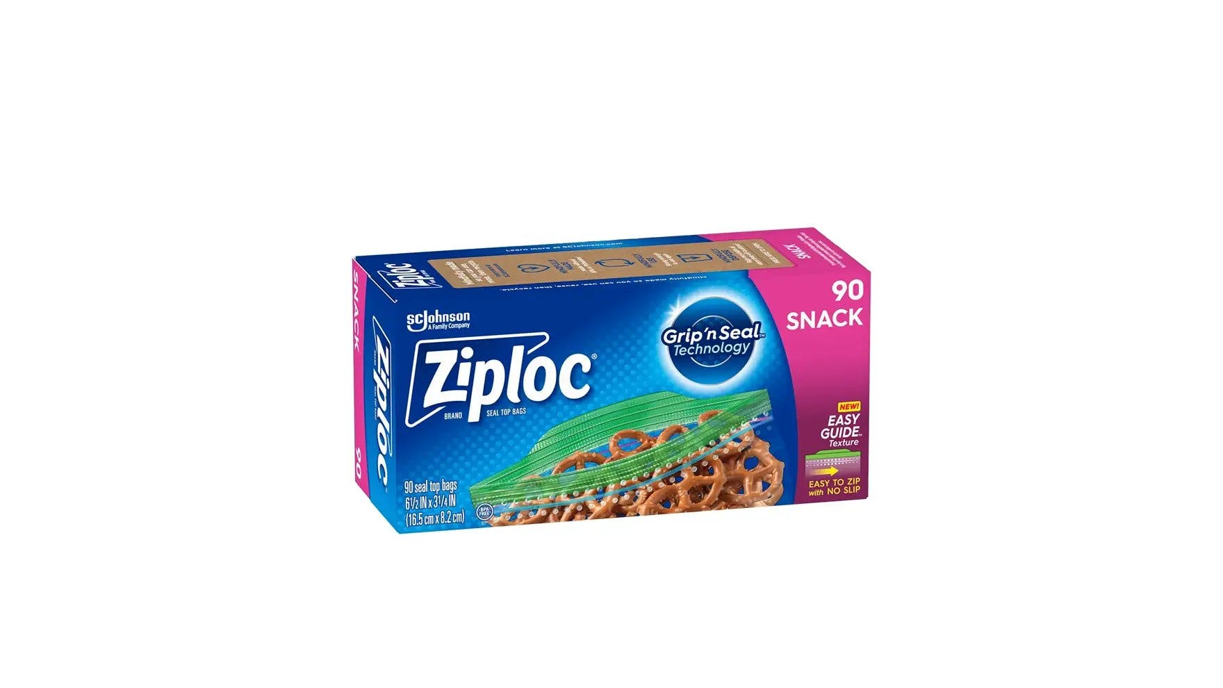 Parte delantera de la caja de bolsas para refrigerios Ziploc