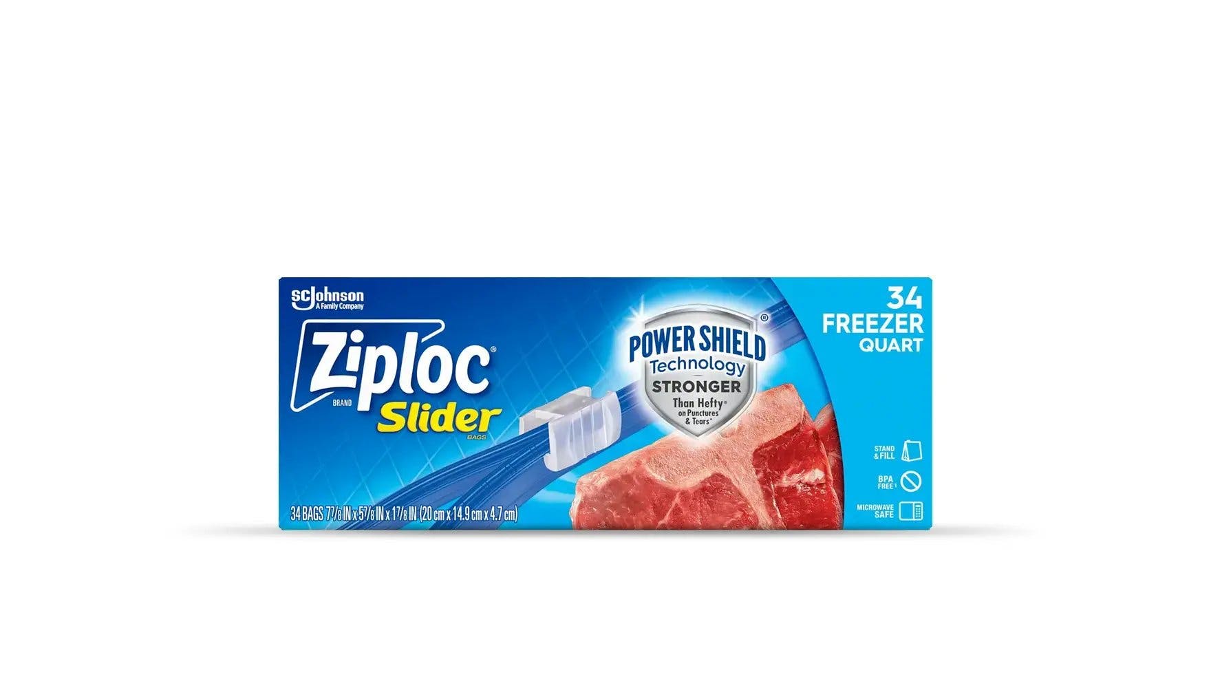 Front of Ziploc medium quart freezer slider bag box.