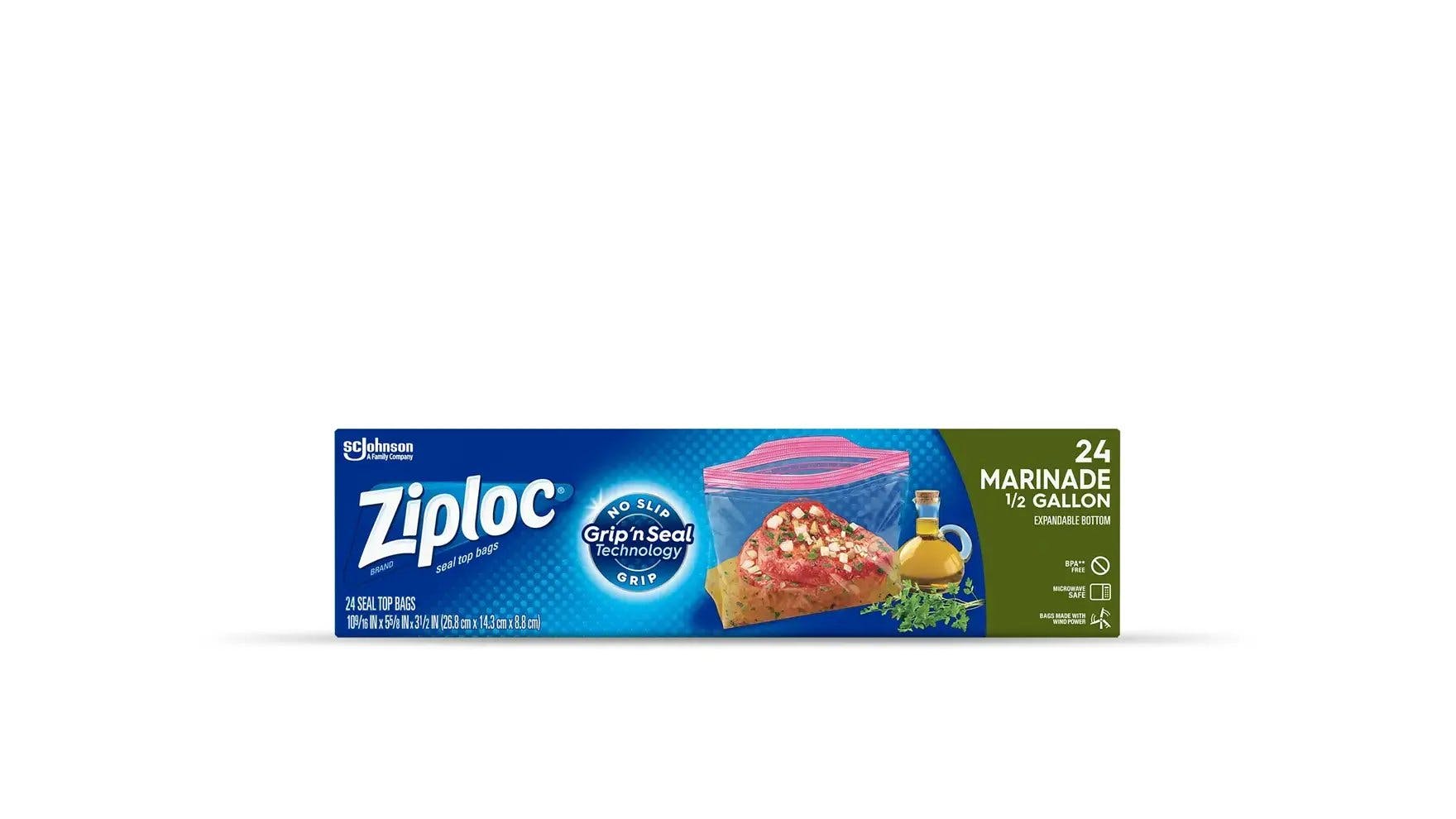 Front of Ziploc specialty half-gallon marinade bag box.