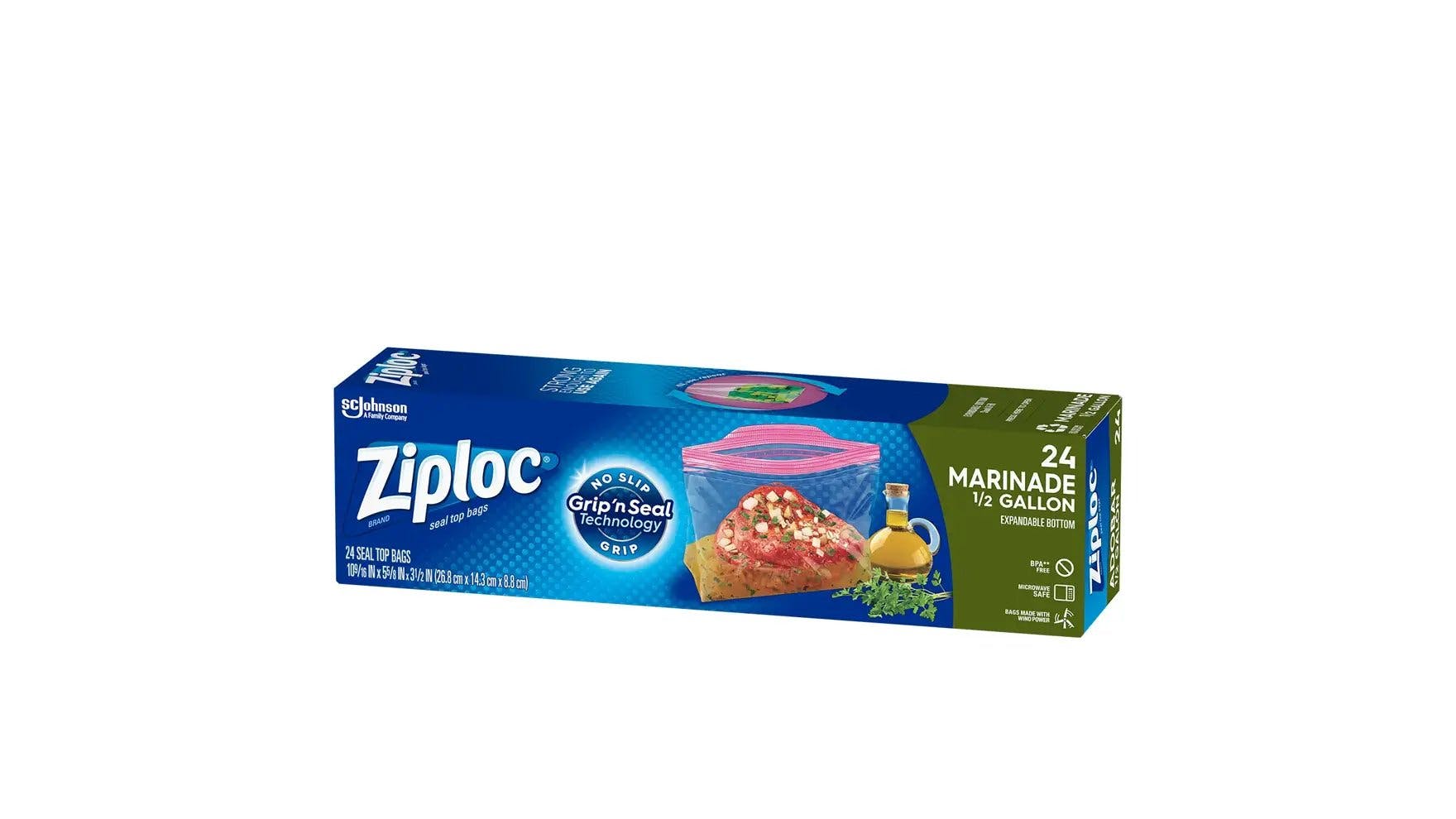 Front of Ziploc specialty half-gallon marinade bag box.