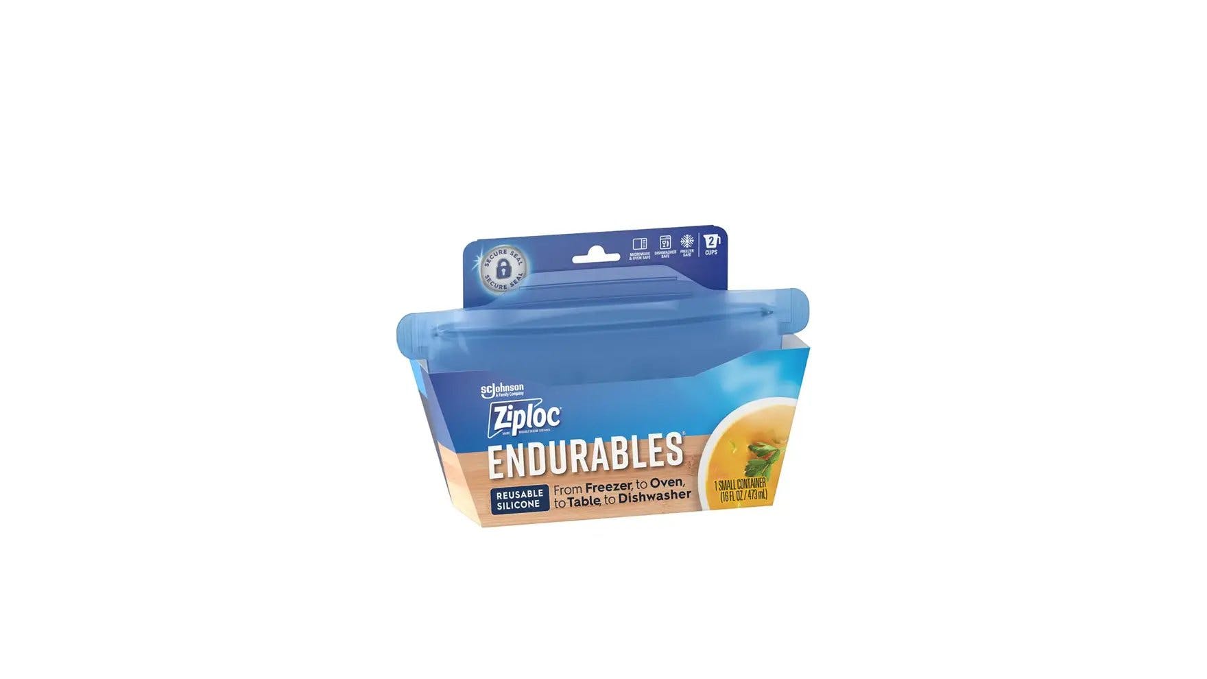 Front of Ziploc Endurables small container packaging.