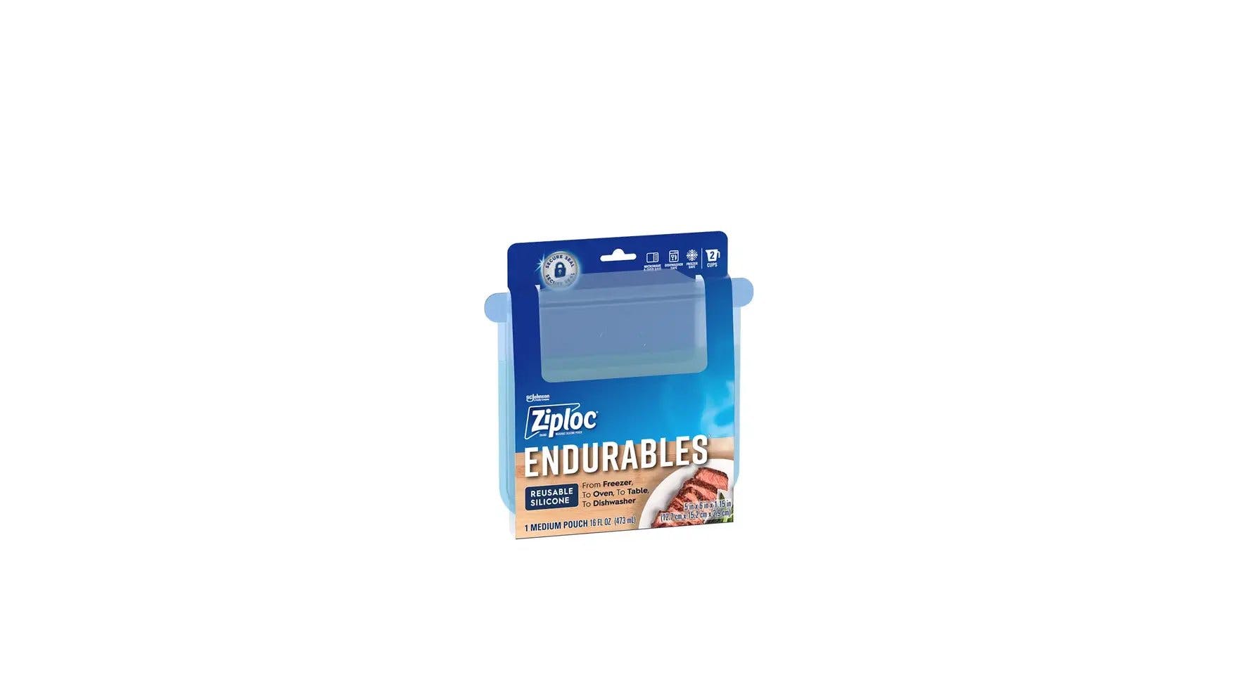 Front of Ziploc Endurables medium pouches packaging.